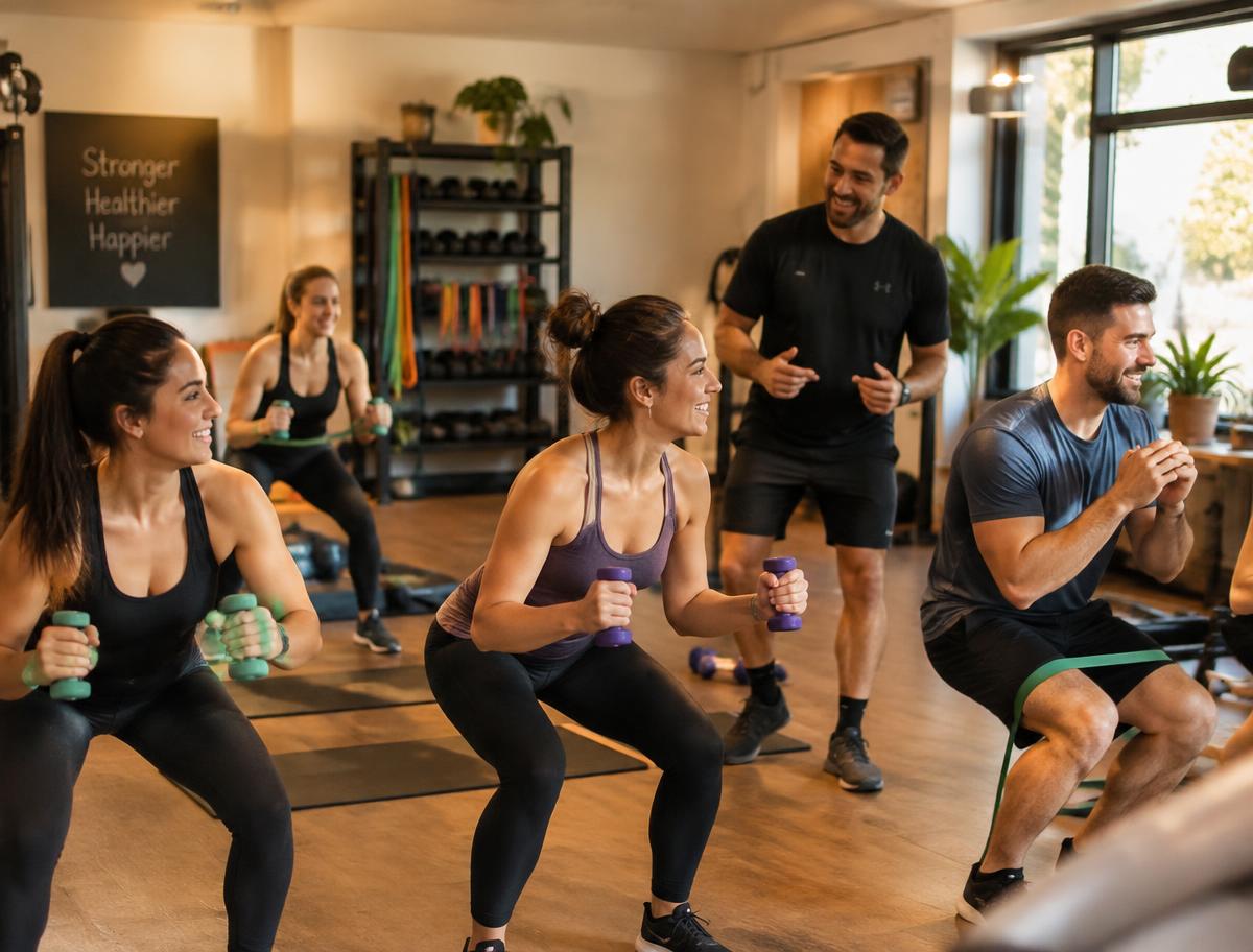 Clase grupal de entrenamiento funcional con mancuernas y bandas elásticas