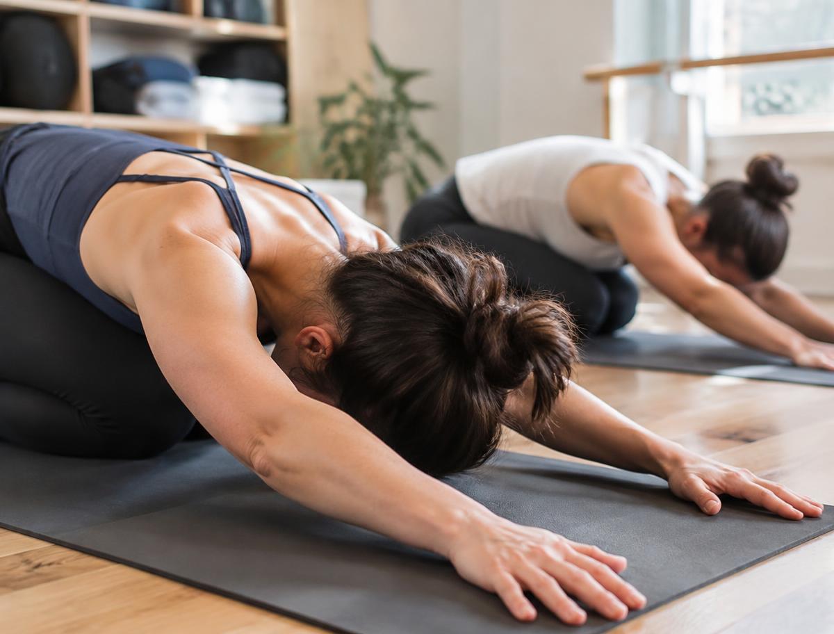 Alumnas estirando sobre colchonetas en clase de Pilates en ZENTRA